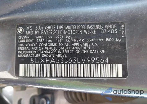 2003 BMW X5 3.0I z USA, uszkodzony, nr VIN 5UXFA53563LV99564